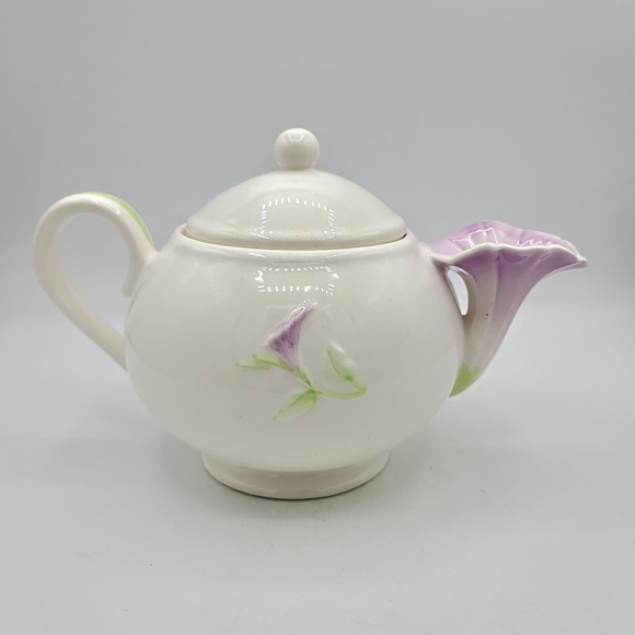 Teleflora Morning Glory Ceramic Teapot Pink Purple Floral Collectible 80s Vtg - Picture 4 of 12